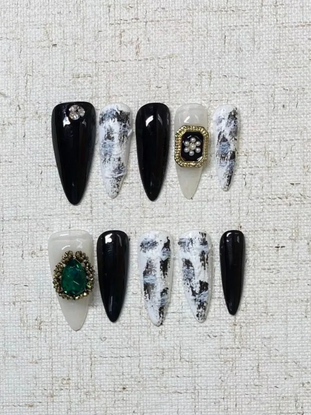 Black & White Marble Press-On Nail Set with Gold and Emerald Accents